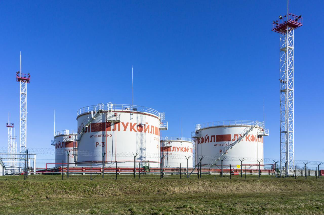 Oil storage tanks bearing the Lukoil logo stand at an oil terminal in Russia's Kaliningrad region, March 15, 2020. (Adobe Stock Photo)