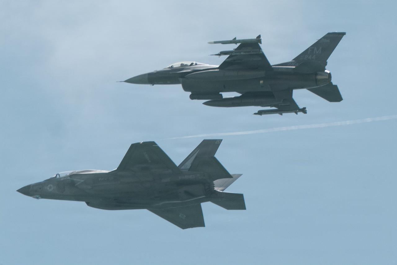 A U.S. Air Force F-16 Fighting Falcon and a U.S. Marine Corps F-35 Lightning II fly in formation during the Hyundai Air and Sea Show in Miami Beach, Florida, May 24, 2026. (Photo via U.S. Army)