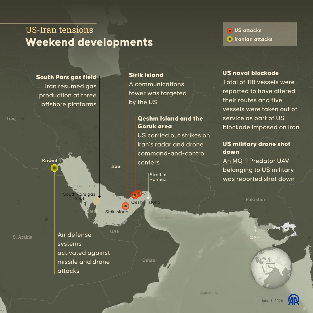 An infographic titled "US-Iran tensions" was created in Ankara, Türkiye, on June 1, 2026. (AA Infographic)