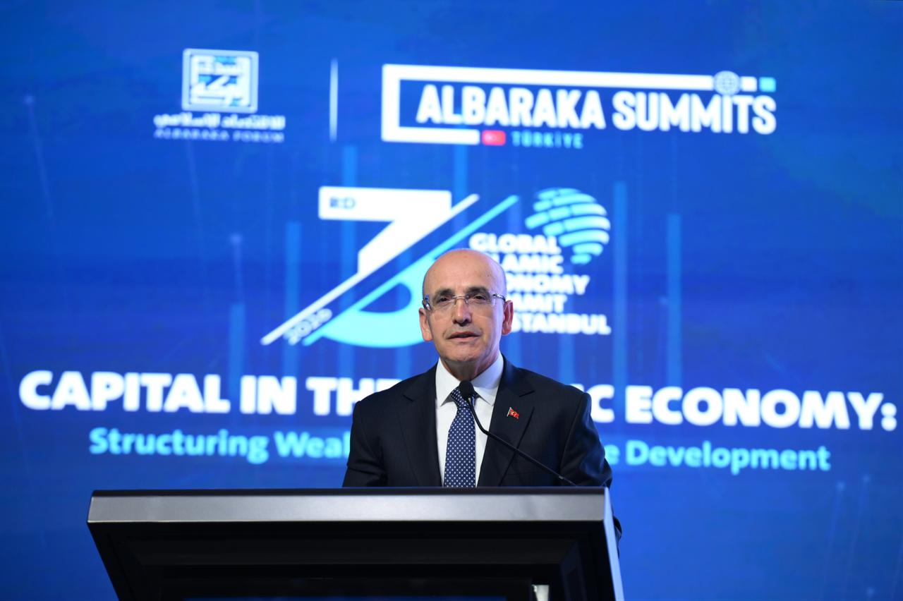 Treasury and Finance Minister Mehmet Simsek delivers a speech during the 3rd Global Islamic Economy Summit, held under the AlBaraka Summit Series at the Istanbul Financial Center (IFC) in Istanbul, Türkiye, June 4, 2026. (AA Photo)