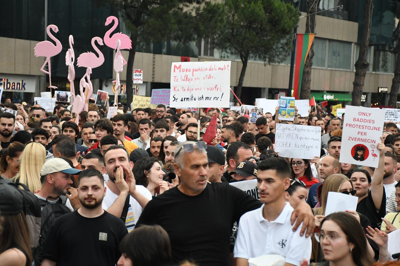 People stage a protest against a planned tourism project in the Zvernec area of the city of Avlonya (Vlora) as people gather on the Boulevard of the Nation’s Martyrs in Tirana, Albania on June 3, 2026. (AA Photo)