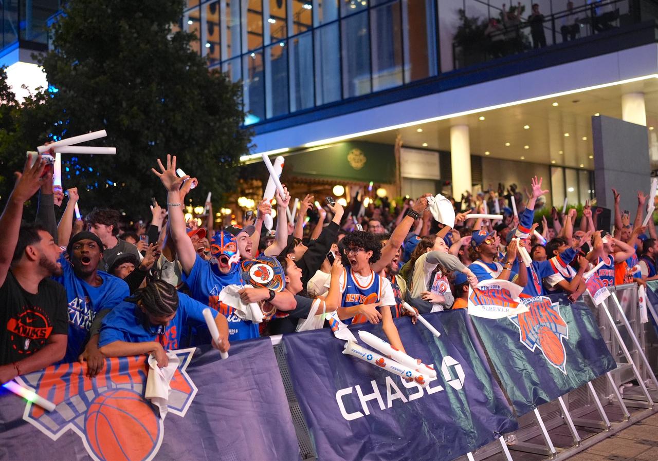 New York Knicks fans celebrating win on Wednesday night, June 3, 2026, in San Antonio, Texas, United States. (AA Photo)