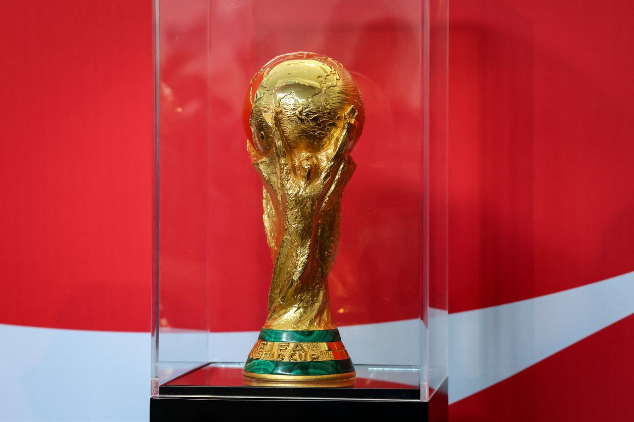 The FIFA World Cup trophy is displayed during a stop of the FIFA World Cup Trouphy Tour at the American Museum of Natural History in New York City, US, June 2, 2026. (AFP Photo)
