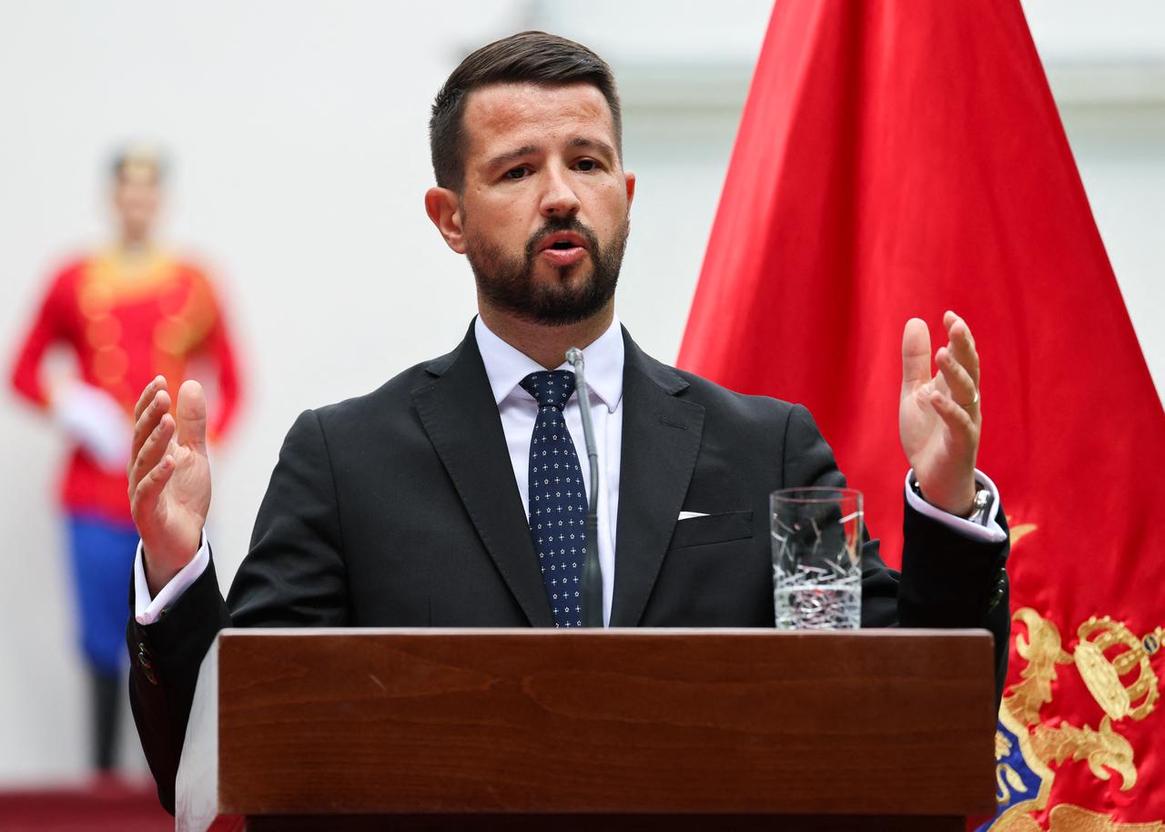Montenegro's President Jakov Milatovic gestures as he holds a press conference with France's President e following their meeting at the Blue Palace during Macron's first official visit to Montenegro in Cetinje on June 4, 2026. (AFP Photo)
