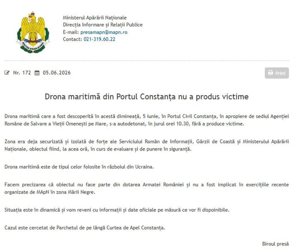 Statement from the Romania's National Defense Ministry regarding the naval drone explosion at Constanta’s civilian port, in Romania, on June 5, 2026. (Photo via Telegram)