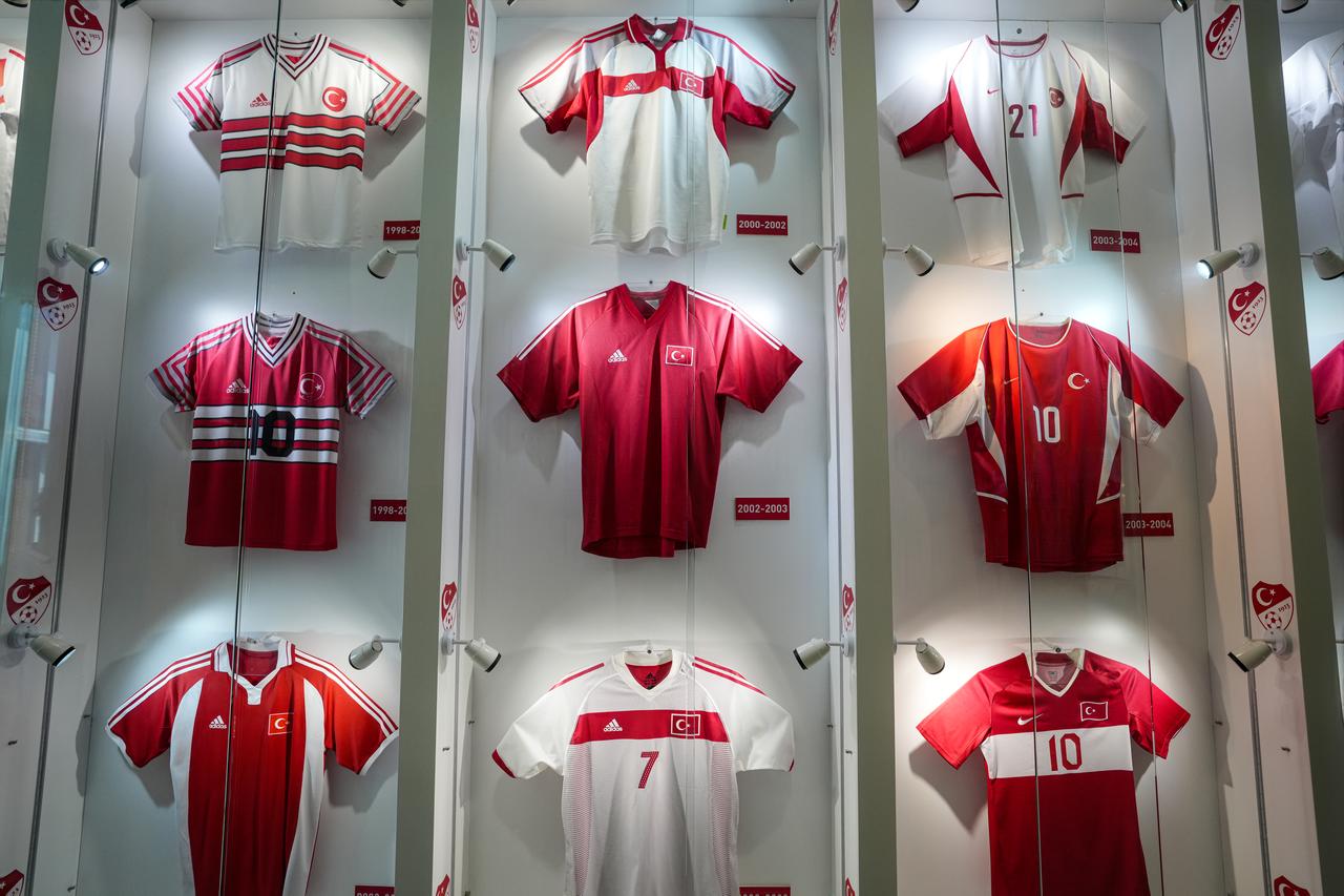 Historic Türkiye national football team jerseys are displayed at the Turkish Football Federation’s Hasan Dogan National Teams Camp and Training Facilities in Istanbul, Türkiye. (AA Photo)