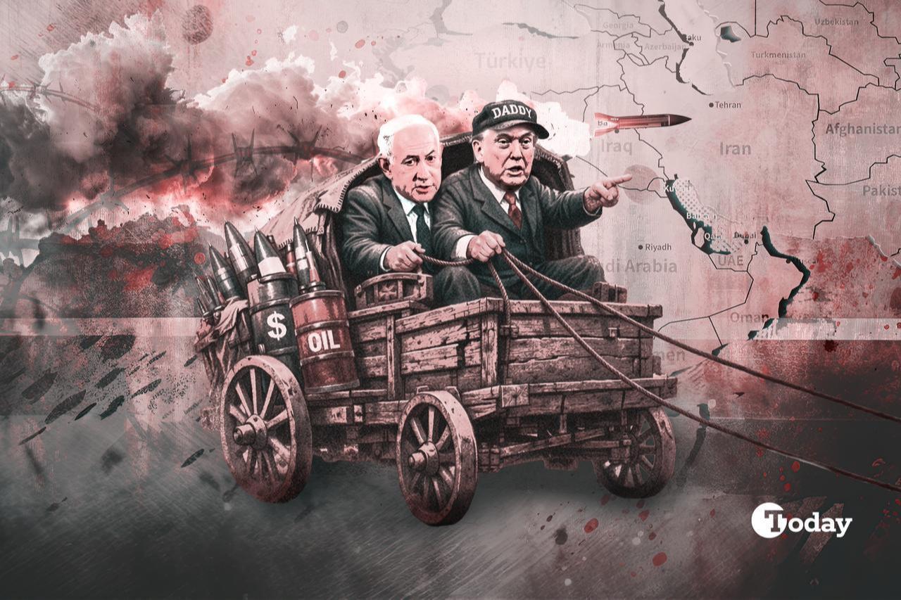 President of the United States Donald Trump and Israeli Prime Minister Benjamin Netanyahu on Mother Courage’s war wagon amid conflict. (Photo Collage by Türkiye Today staff member Zehra Kurultus)