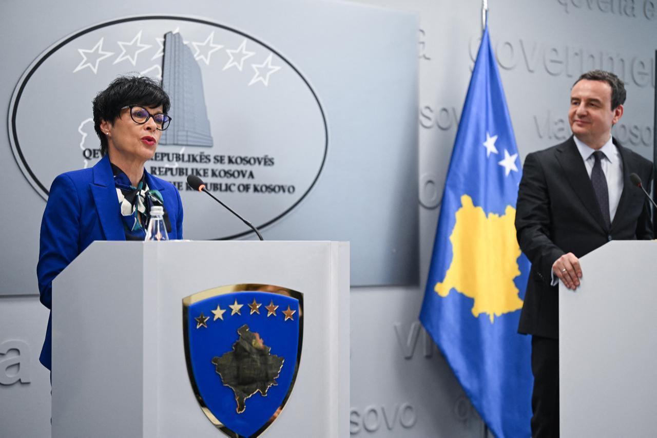EU Commissioner for Enlargement Marta Kos holds a joint press conference with Kosovo's Prime Minister Albin Kurti (R) following their meeting in Pristina on May 15, 2026. (AFP Photo)