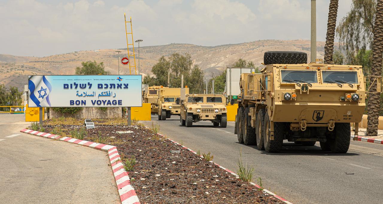 U.S. Army soldiers conduct convoy operations using a variety of tactical military vehicles at the Israeli border near the city of Beit She'An, Israel, May 30, 2023. (Photo via U.S. Army National Guard)