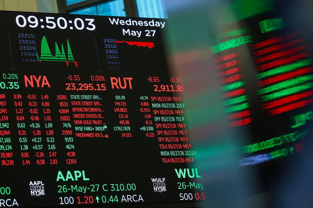 Trading numbers are displayed at the New York Stock Exchange (NYSE) at the opening bell in New York, May 27, 2026. (AFP Photo)