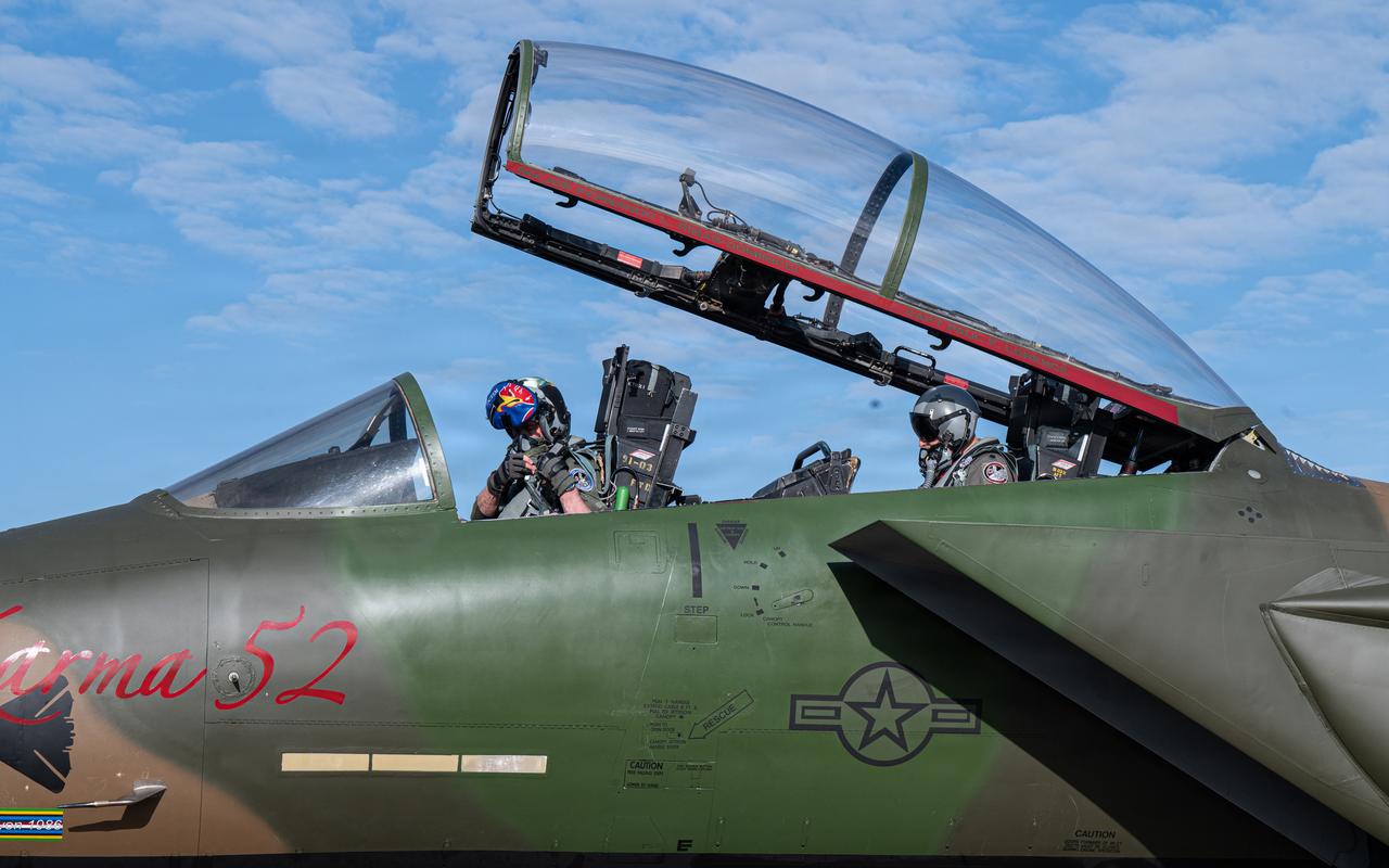 U.S Air Force pilots prepare to fly the newly-painted F-15E Strike Eagle aircraft for the first time at RAF Lakenheath, England, May 7, 2026. (Photo via U.S. Air Force)