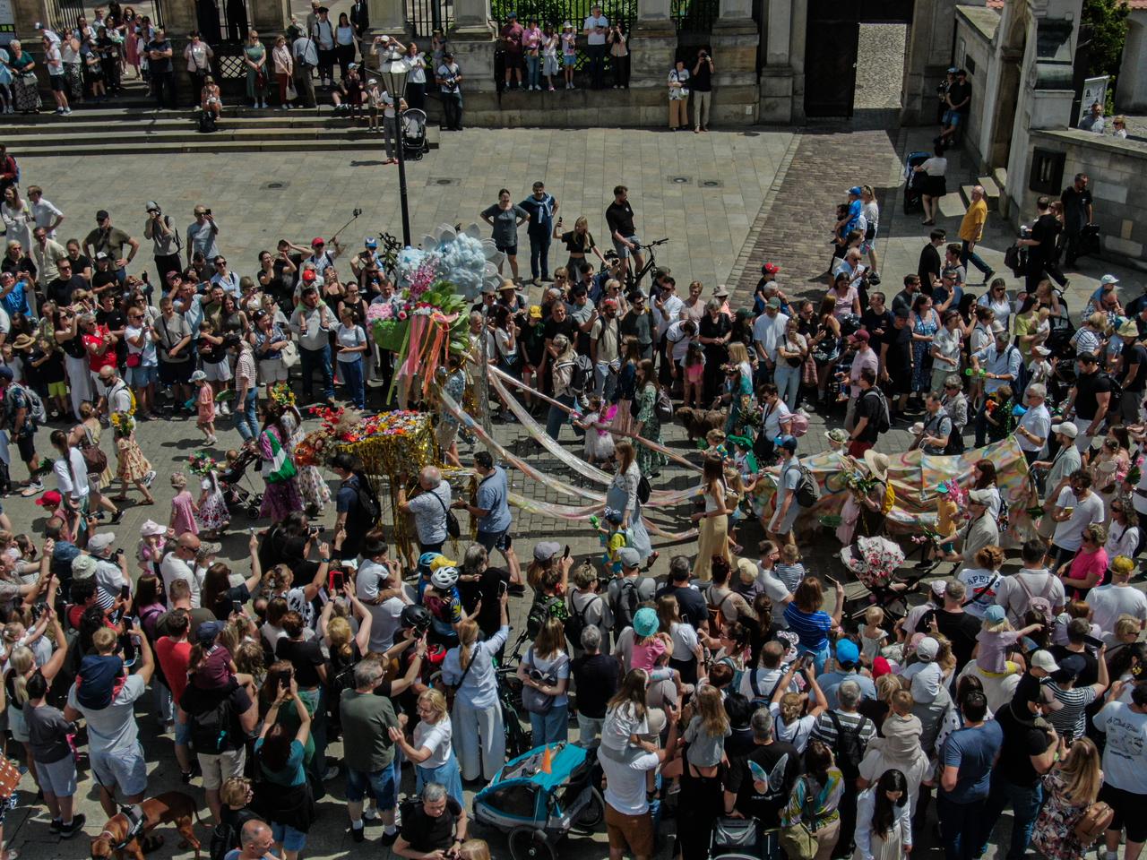 Aerial view of hundreds of children and adults attending the Dragon Parade during the 25th Great Dragon Parade edition at the Main Square, Krakow, Poland, on June 07, 2026. (AA Photo)