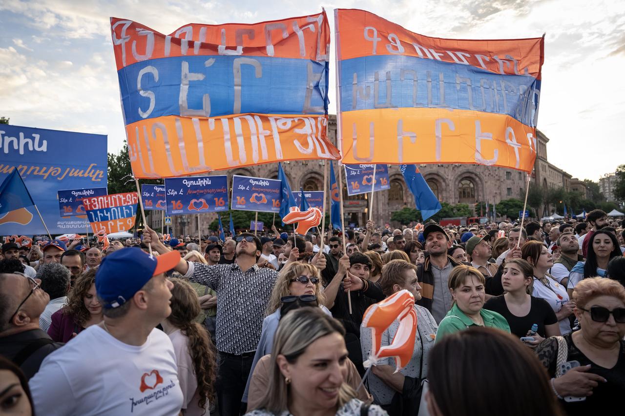 People attends the political rally as the Armenian Prime Minister Nikol Pashinyan addressed his supporters at Republic Square ahead of Sunday’s parliamentary elections on June 7, in Yerevan, Armenia, June 5, 2026. (AA Photo)
