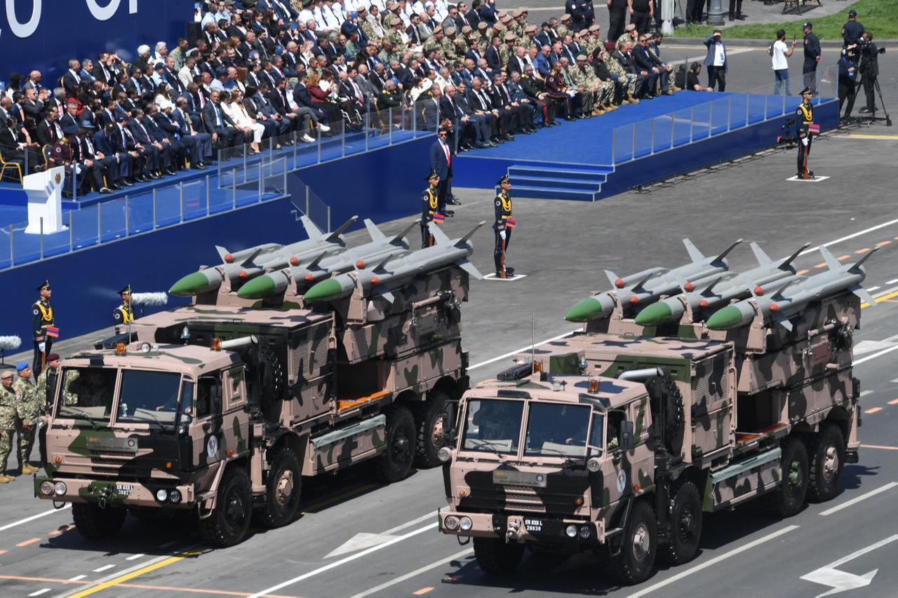 Missile launching systems of the Armenian army take part in a military parade during Armenia’s Republic Day in Yerevan on May 28, 2026. (AFP Photo)