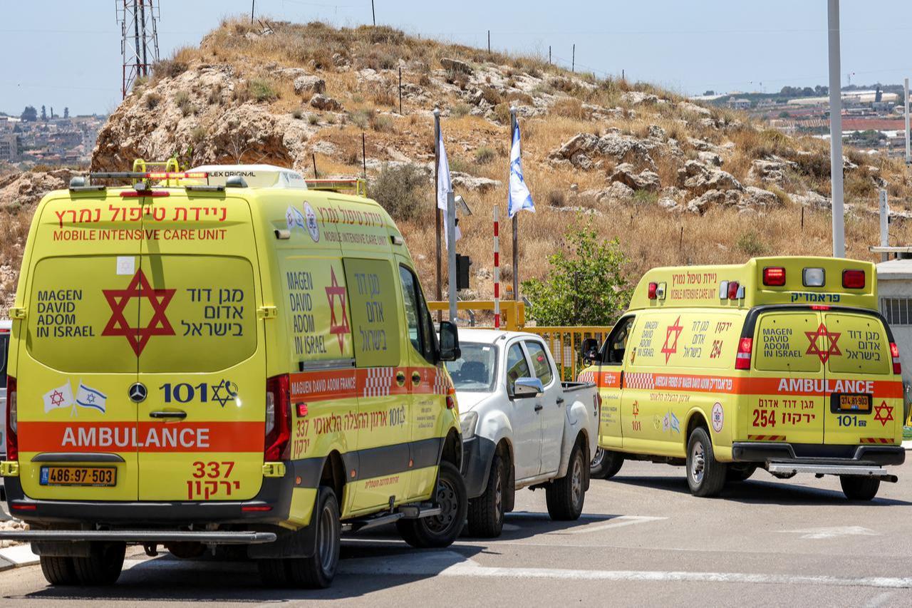Ambulances are pictured near the scene of a suspected shooting attack in the town of Tzur Yitzhak in central Israel, close to the occupied West Bank, on June 7, 2026. (AFP Photo)