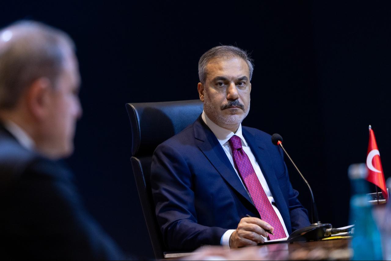 Turkish Foreign Minister Hakan Fidan makes a speech as he hosts the 3+3 South Caucasus format meeting in Istanbul, Türkiye, October 18, 2024. (AA Photo)