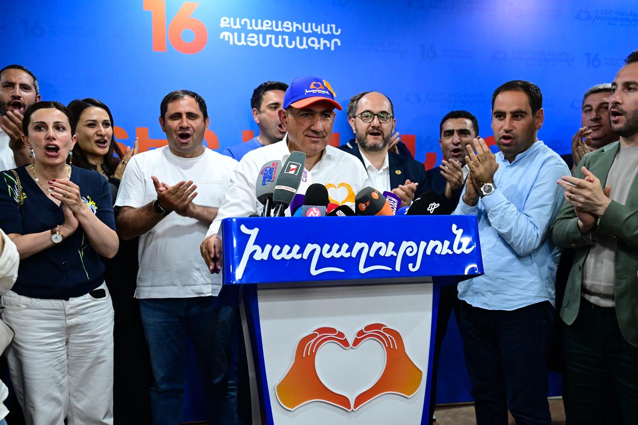 Armenian Prime Minister and leader of the Civil Contract party Nikol Pashinyan holds a press conference following the parliamentary election at the party's headquarters in Yerevan, Armenia, June 8, 2026. (AFP Photo)