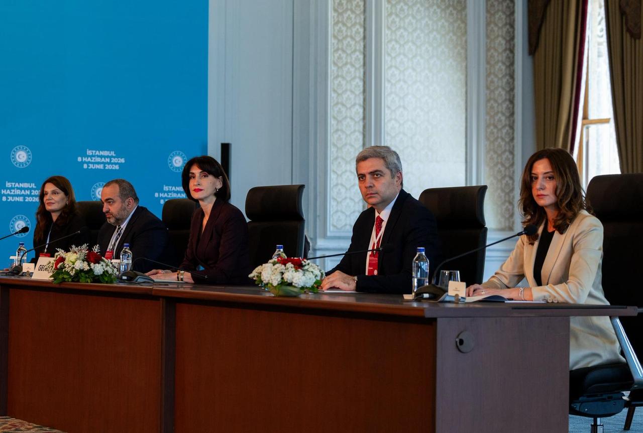 Georgian First Vice Prime Minister and Foreign Minister Maka Botchorishvili (C), Turkish Foreign Minister Hakan Fidan and Azerbaijani Foreign Minister Jeyhun Bayramov attend the Tenth Trilateral Meeting of the Foreign Ministers of Türkiye, Azerbaijan and Georgia in Istanbul, Türkiye, June 8, 2026. (AA Photo)