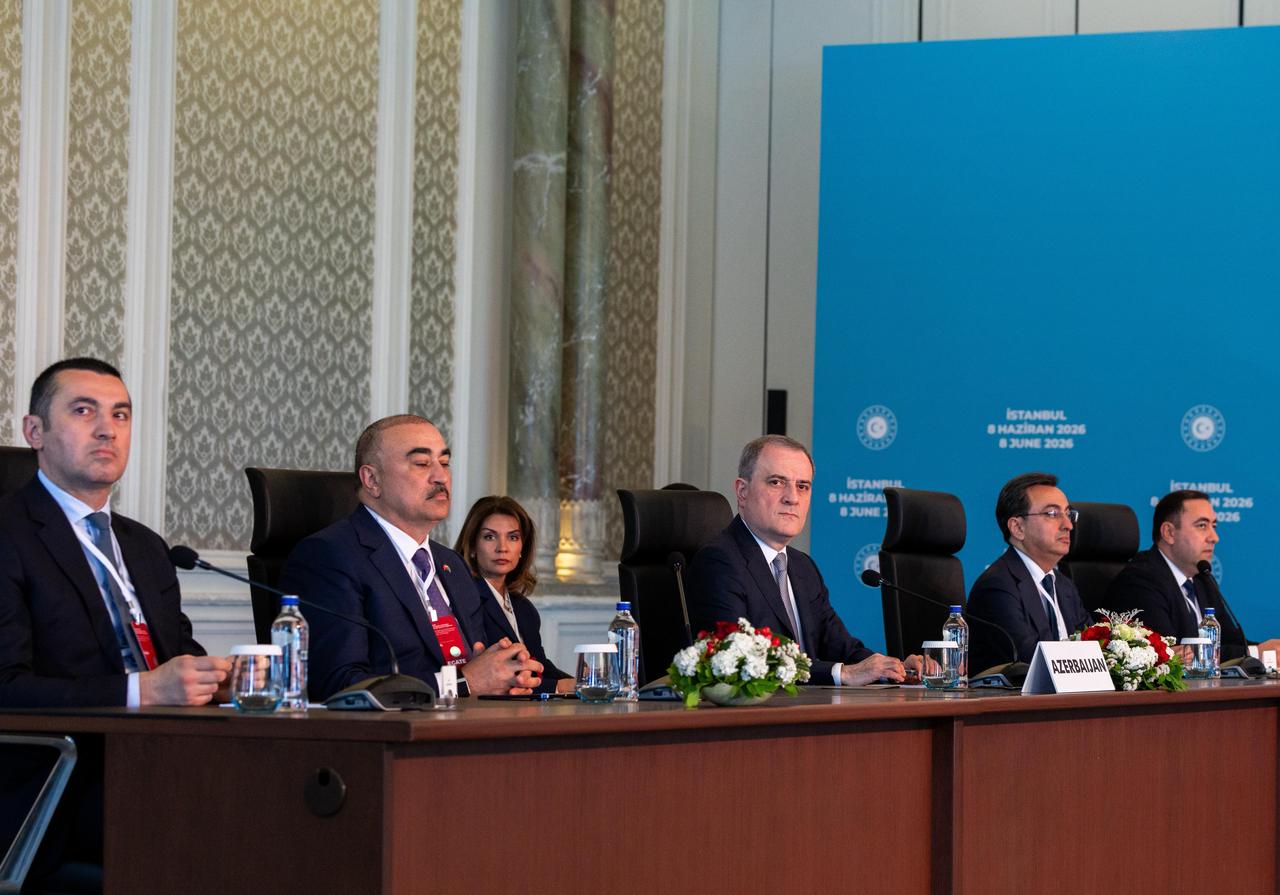 Azerbaijani Foreign Minister Jeyhun Bayramov (C), Turkish Foreign Minister Hakan Fidan (not seen) and Georgian First Vice Prime Minister and Foreign Minister Maka Botchorishvili attend the Tenth Trilateral Meeting of the Foreign Ministers of Türkiye, Azerbaijan and Georgia in Istanbul, Türkiye, June 8, 2026. (AA Photo)