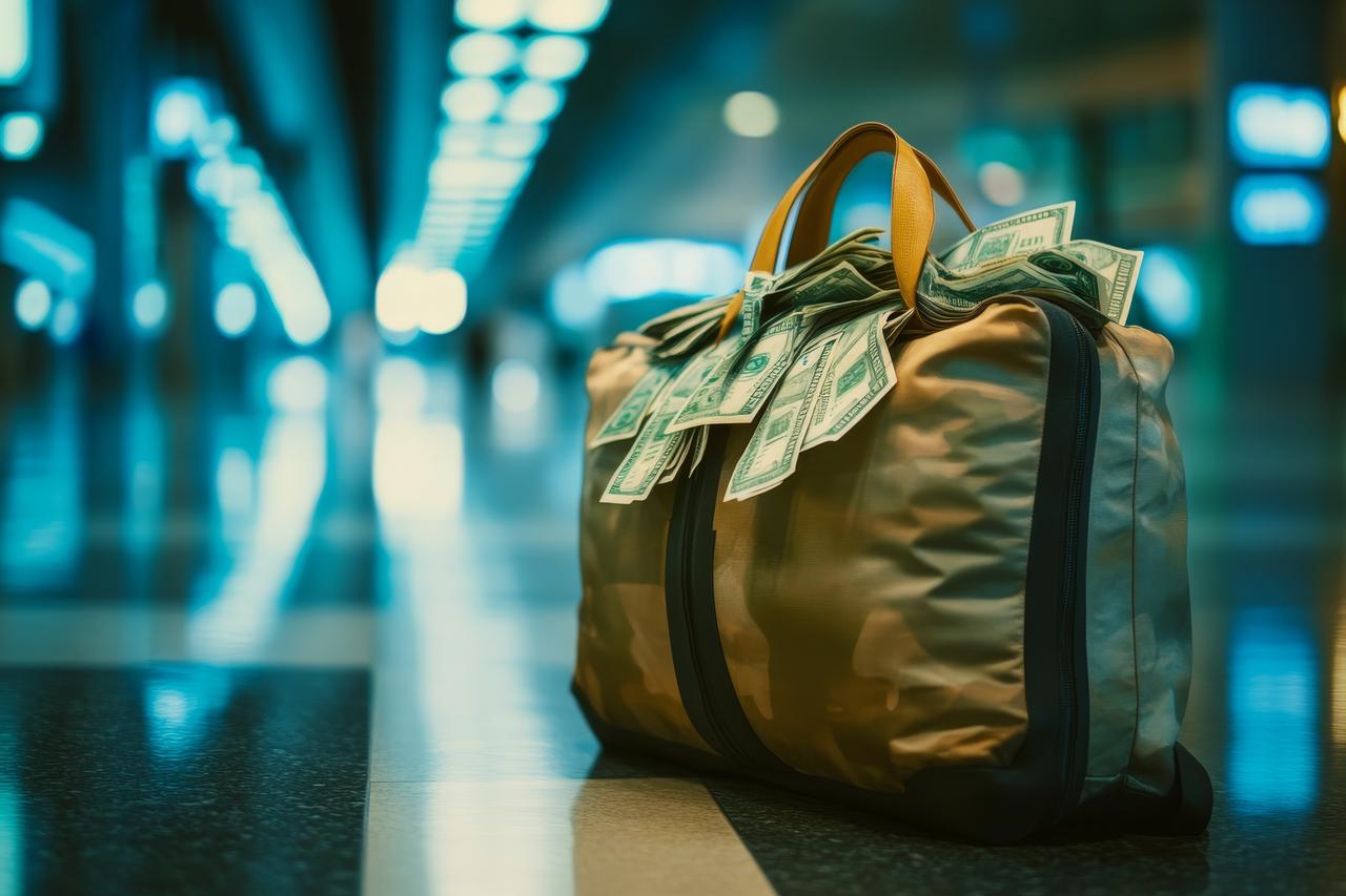 Bag overflowing with cash at airport. (Photo via Adobe Stock)