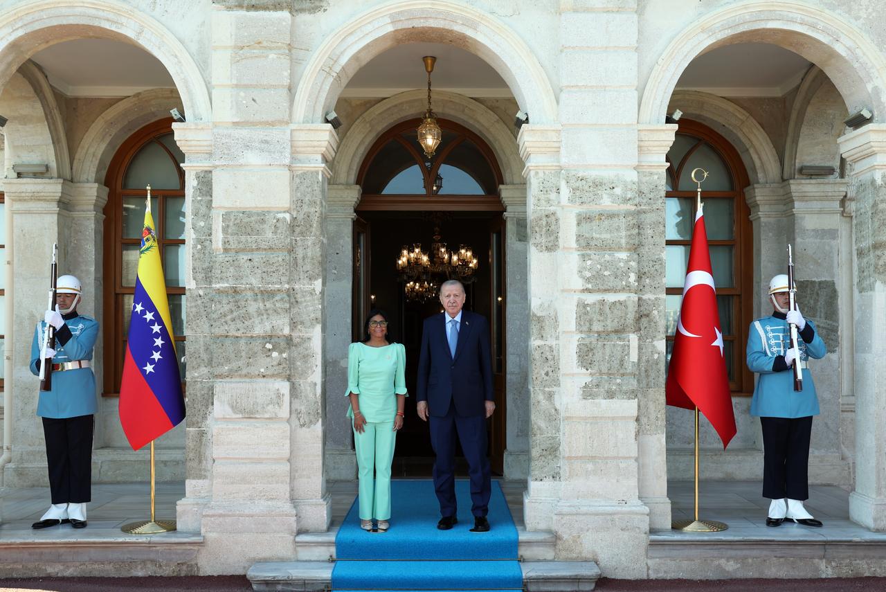Turkish President Recep Tayyip Erdogan (R) meets with Venezuelan Interim President Delcy Rodriguez (L) at the Presidential Dolmabahce Office in Istanbul, Türkiye, on June 8, 2026. (TUR Presidency / Mustafa Kamaci/AA Photo)