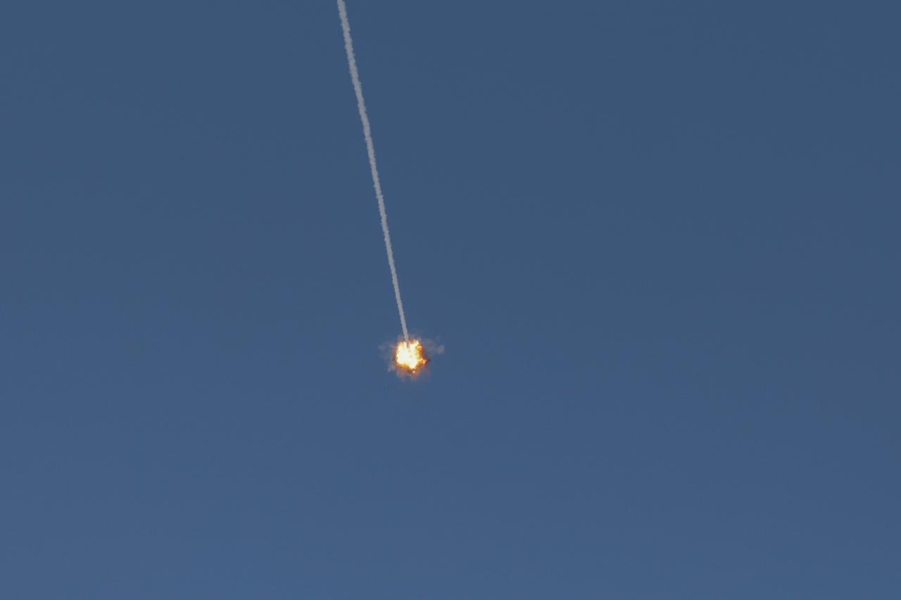 This picture taken from a position in the Upper Galilee region in northern Israel shows an Israeli Iron Dome missile streaking across the sky to intercept incoming projectiles on June 8, 2026. (AFP Photo)