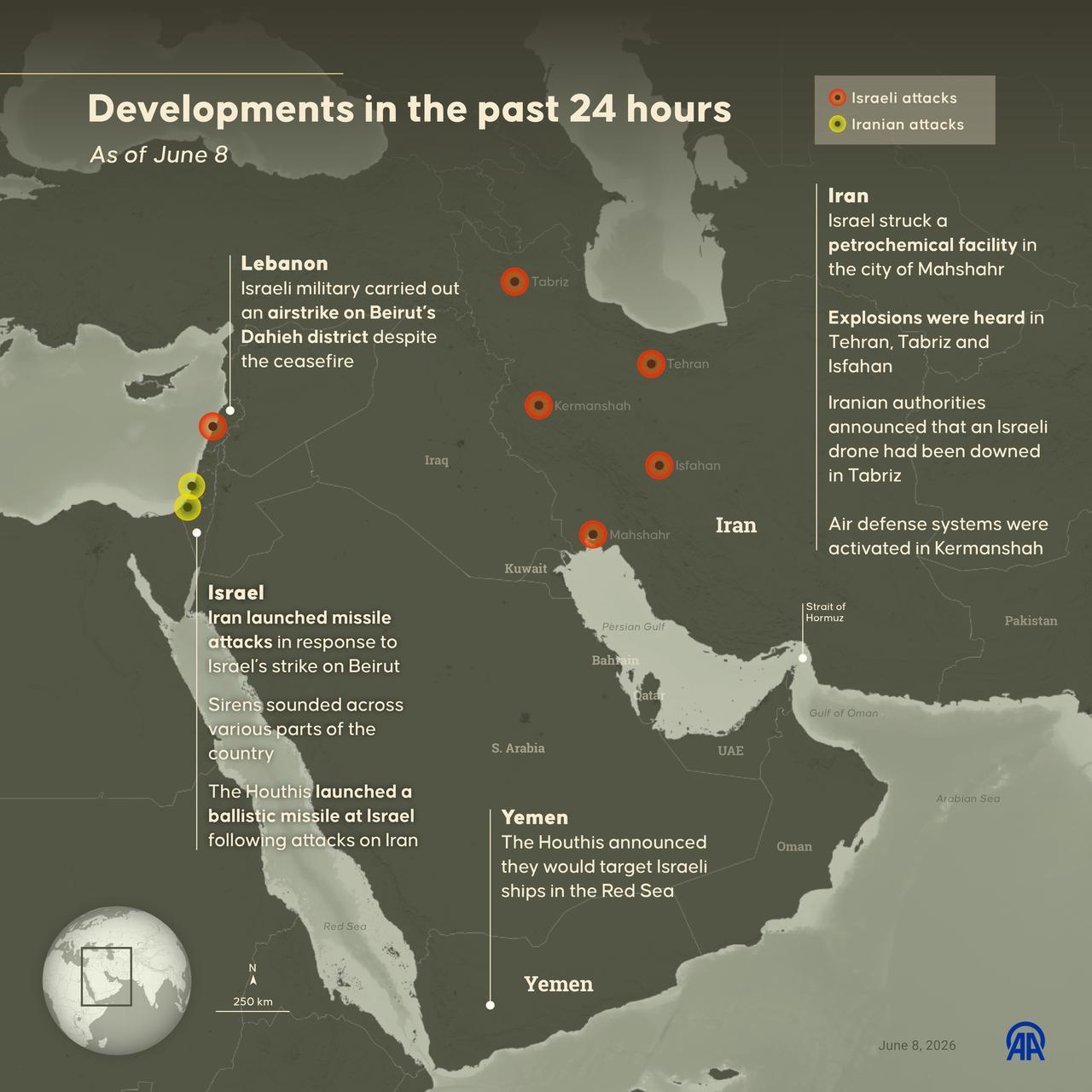 An infographic titled "Developments in the past 24 hours" was created in Ankara, Türkiye, on June 8, 2026. (AA Infographic)