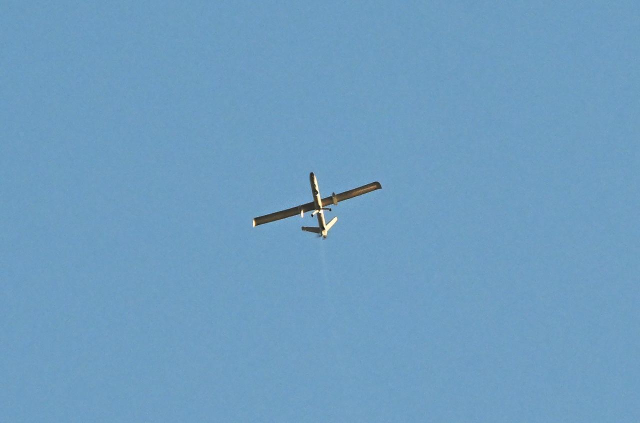 An Israeli drone is seen flying above the skyline of Beirut’s southern suburbs, on June 5, 2026. (AFP Photo)