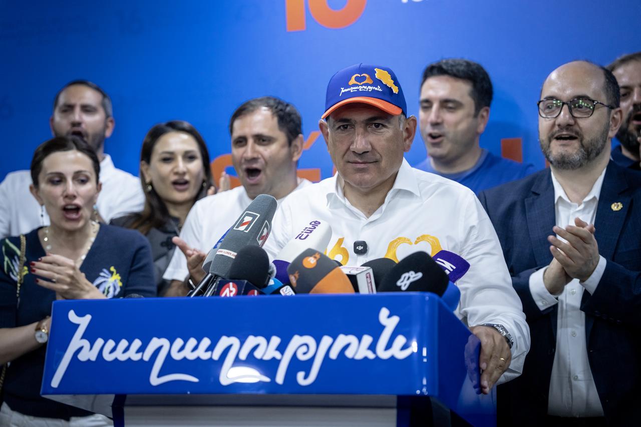 Armenian Prime Minister Nikol Pashinyan speaks to the press as vote counting continued across the country in Yerevan, Armenia, June 8, 2026. (AA Photo)