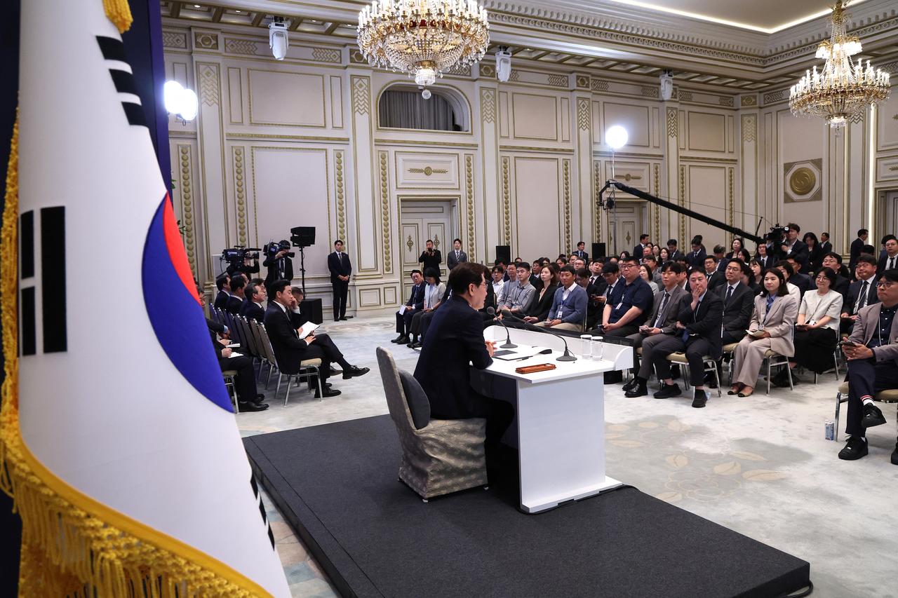South Korean President Lee Jae Myung attends a press conference to mark the first anniversary of his inauguration at the Blue House in Seoul, South Korea, June 8, 2026. (AFP Photo)