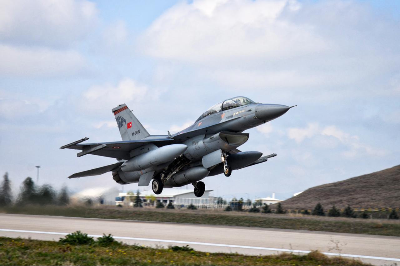 A F-16 fighter jet of 151st Squadron  Vultures  of the Turkish Air Force Command during take of at unspecified location and time. (Photo via X/@tcsavunma)