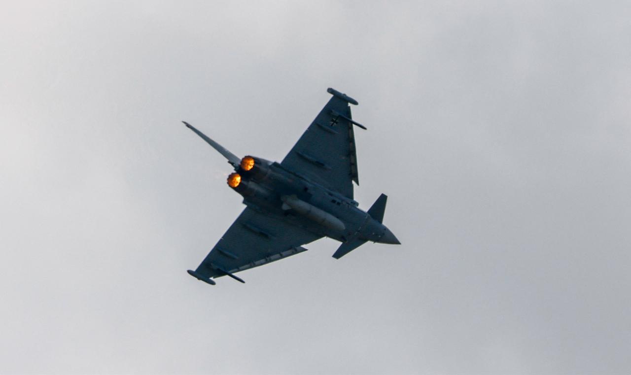 A Eurofighter combat plane of the German Air Force flies during the Armed Forces Day at the Nordholz Naval Airbase in Nordholz, Germany, on June 06, 2026. (AFP Photo)