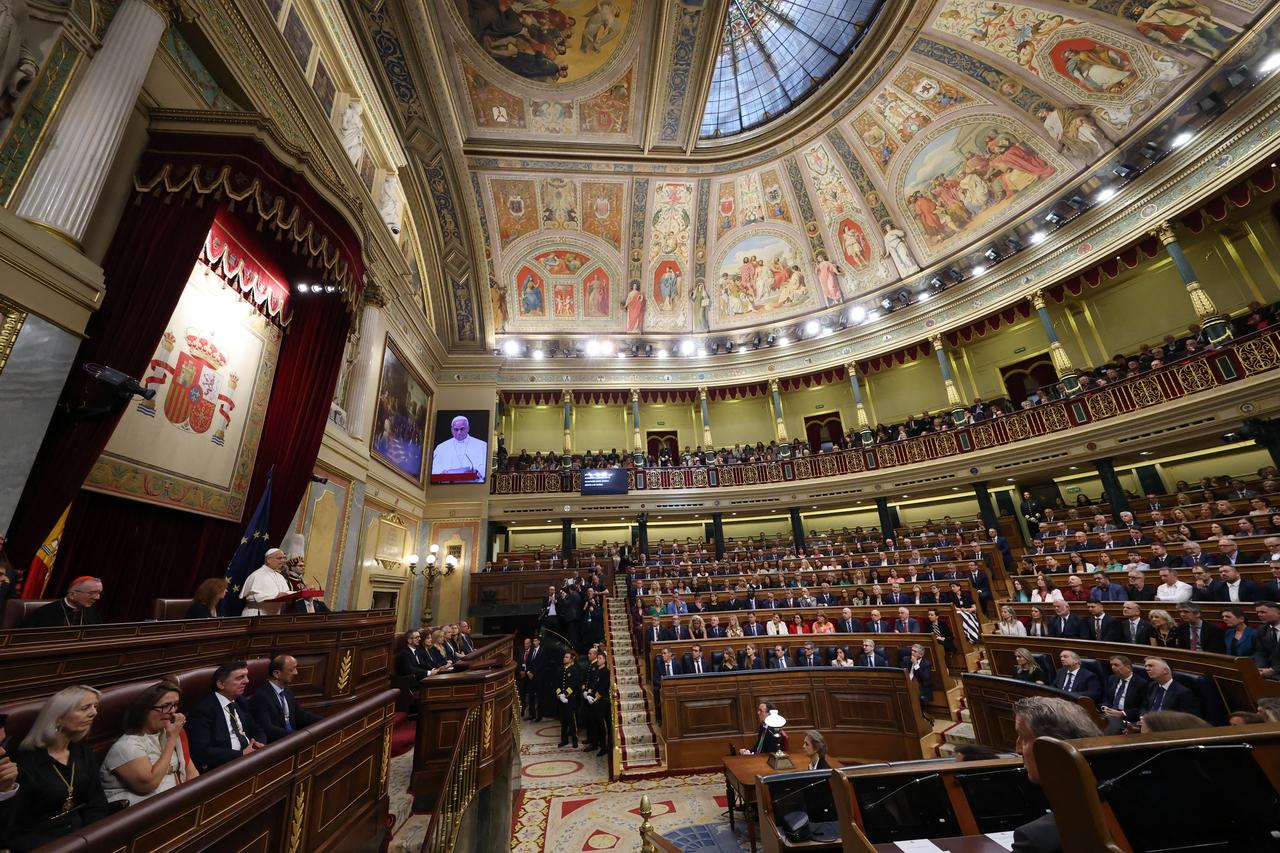 Pope Leo XIV delivers a speech during a joint session of the Spanish Parliament at the Congress of Deputies in Madrid, Spain, June 8, 2026. (AFP Photo)