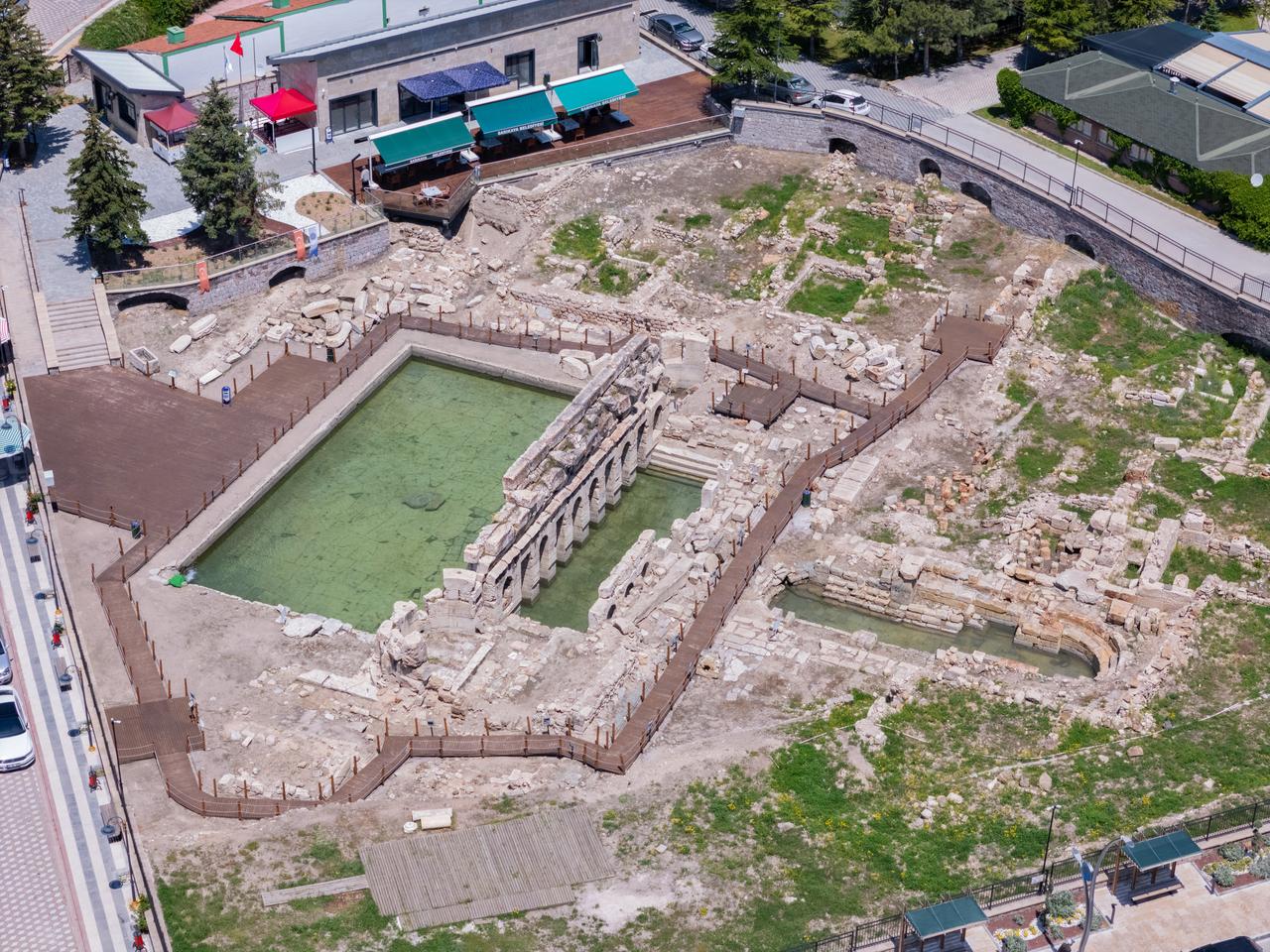 An aerial view of the Basilica Therma Roman Bath, known locally as “Kral Kizi,” located in Sarikaya district of Yozgat, Türkiye, which is included on the UNESCO World Heritage Tentative List, June 6, 2026. (AA Photo)