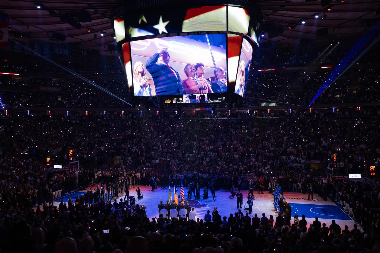 US President Donald Trump is seen on the jumbotron at Madison Square Garden in New York, United States on June 8, 2026. (AFP Photo)