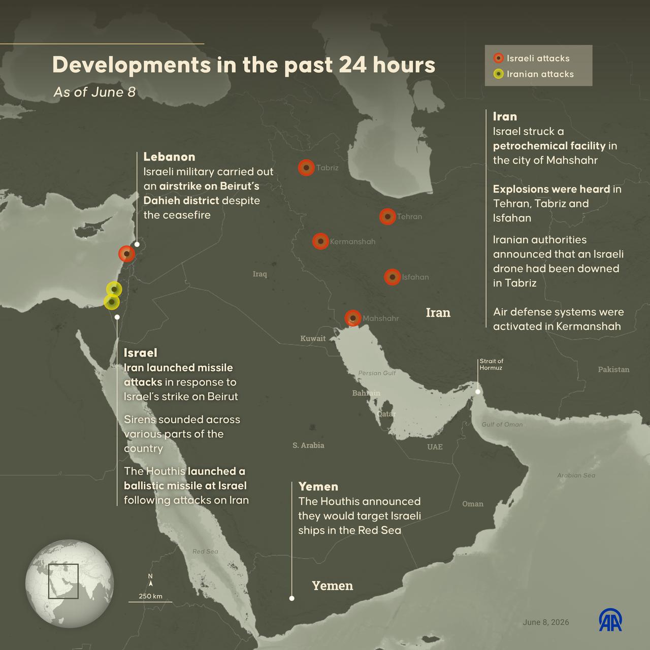 An infographic titled "Developments in the past 24 hours" created in Ankara, Türkiye on June 8, 2026. (AA Graphics)