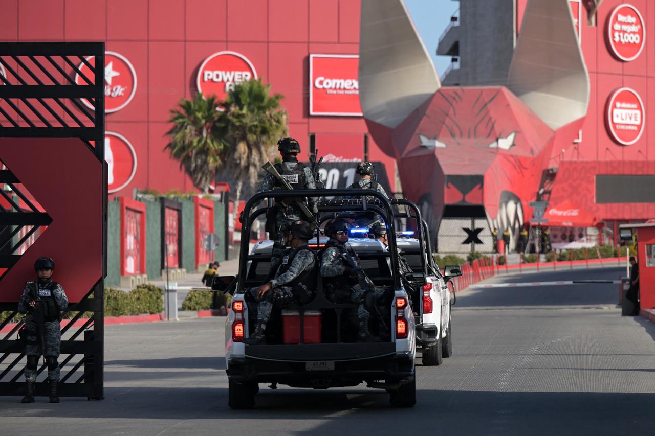 Members of Mexico's National Guard escorting the bus transporting Iran's national football team for a training session arrive at the Caliente Stadium in Tijuana, Mexico, on June 8, 2026. (AFP Photo)