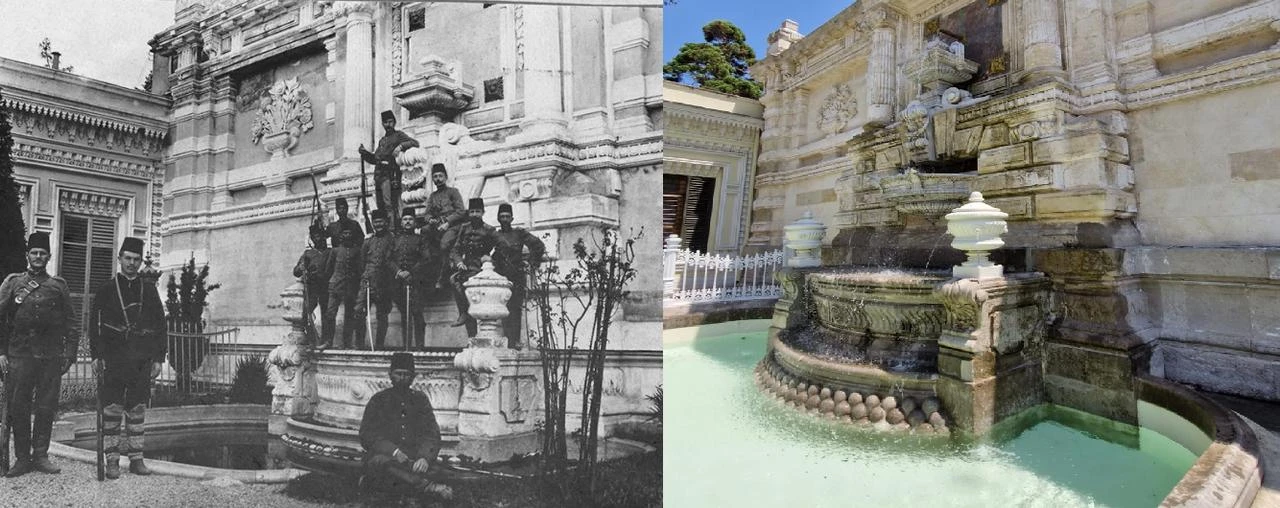 On the left, soldiers around the fountain in Bell's photograph, a fountain designed by Italian architect Raimondo D'Aronco, Yildiz Palace, Istanbul, Türkiye, July 1909 (Photo by Gertrude Bell) - On the right, as it looks today, a fountain designed by Italian architect Raimondo D'Aronco, Yildiz Palace, Istanbul, Türkiye, July 18, 2024. (Photo by Koray Erdogan/Türkiye Today)