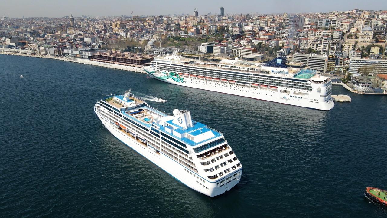 An aerial view of cruise ships docked close to Galataport, Istanbul, Türkiye. (IHA Photo)