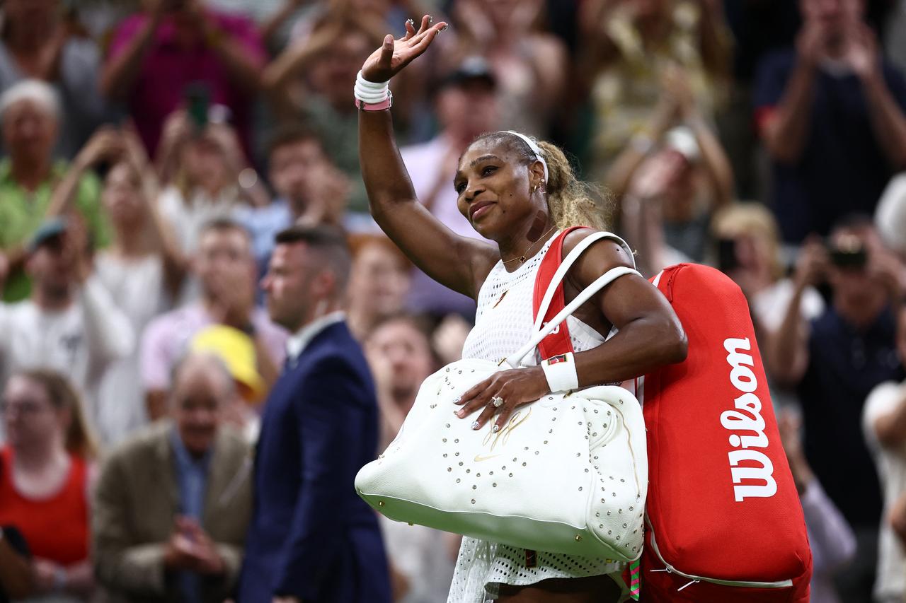 US player Serena Williams waves as he leaves the court after being defeated by Australia's Maya Joint during their women's singles first round tennis match on the second day of the 2026 Wimbledon Championships at The All England Lawn Tennis and Croquet Club in Wimbledon, southwest London, on June 30, 2026. (AFP Photo)