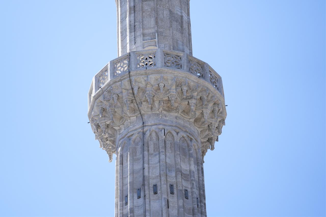 A close-up view of the restored stonework on a minaret of Hagia Sophia Grand Mosque in Istanbul, Türkiye. (AA Photo)