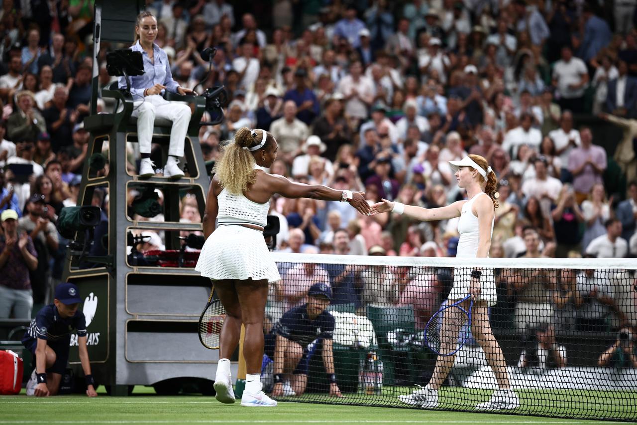 US player Serena Williams shakes hands with Australia's Maya Joint (R) after their women's singles first round tennis match on the second day of the 2026 Wimbledon Championships at The All England Lawn Tennis and Croquet Club in Wimbledon, southwest London, June 30, 2026. (AFP Photo)