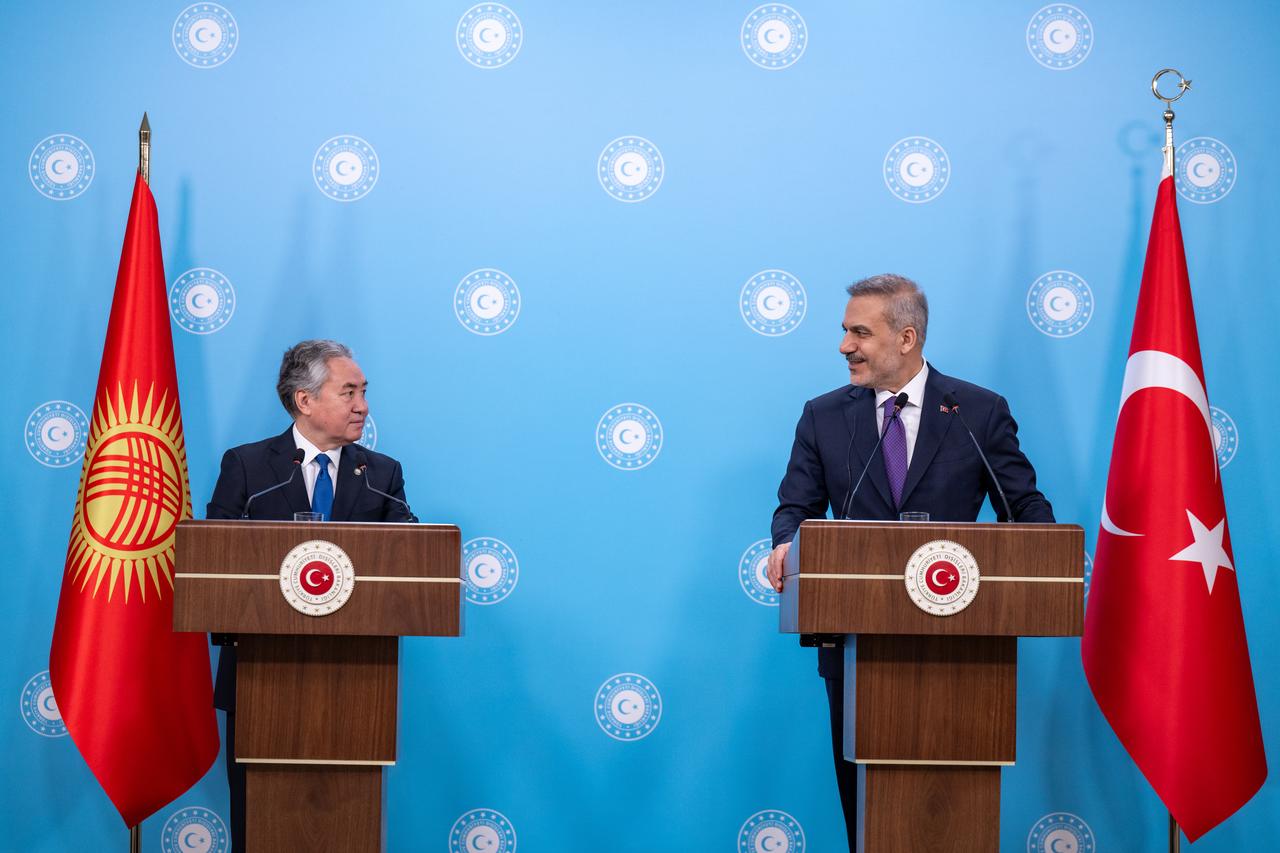 Turkish Foreign Minister Hakan Fidan and Kyrgyz Foreign Minister Jeenbek Kulubaev hold a joint press conference following the seventh meeting of the Turkiye-Kyrgyzstan Joint Strategic Planning Group in Ankara, Türkiye, on July 1, 2026. (AA Photo)