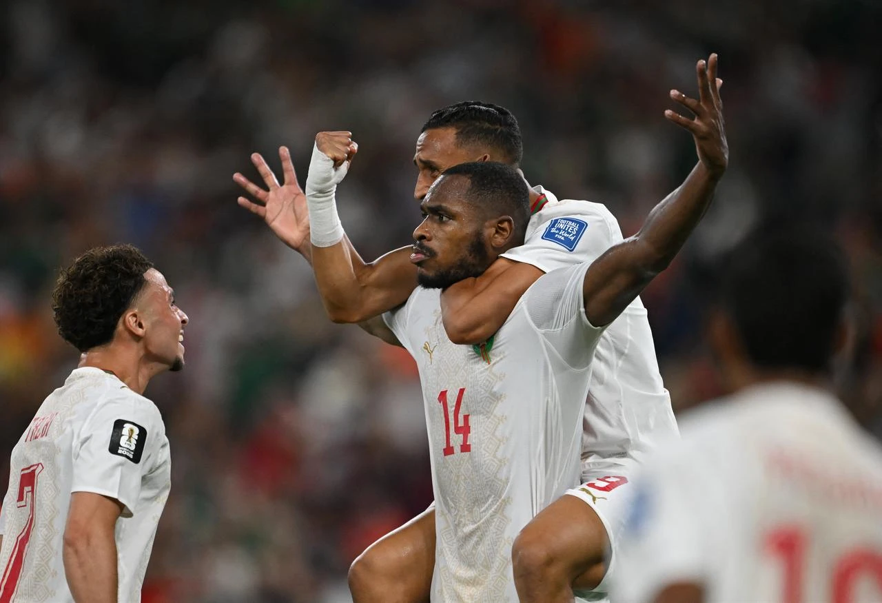 Morocco's defender #14 Issa Diop celebrates scoring his team's first goal during the 2026 World Cup round of 32 football match between the Netherlands and Morocco at the Monterrey Stadium in Guadalupe on June 29, 2026. (AFP Photo)