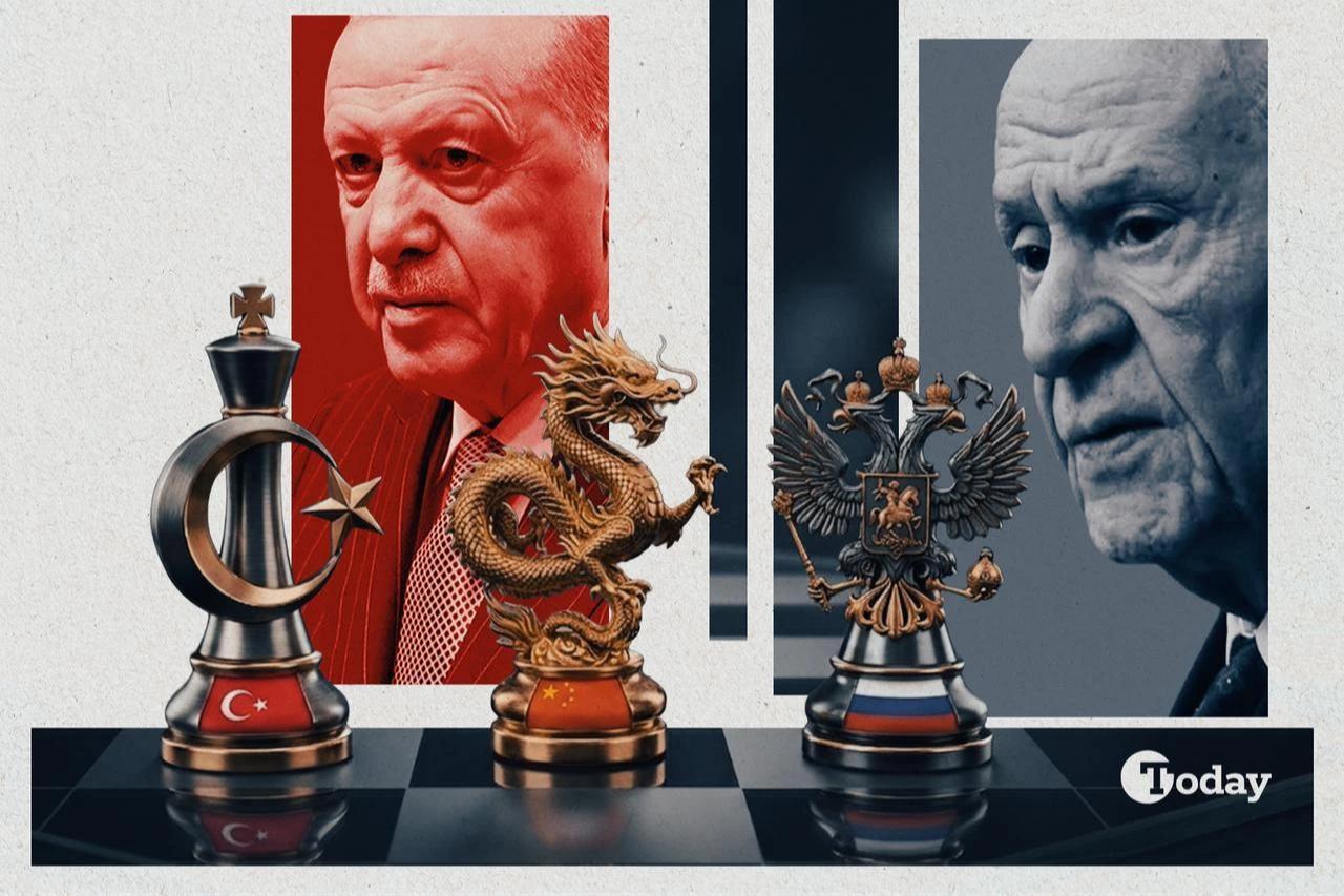 This illustration shows Turkish President Recep Tayyip Erdogan (L) and Nationalist Movement Party leader Devlet Bahceli (R), alongside symbolic chess pieces representing Türkiye, China and Russia. (Photo collage by Zehra Kurtulus/Türkiye Today)