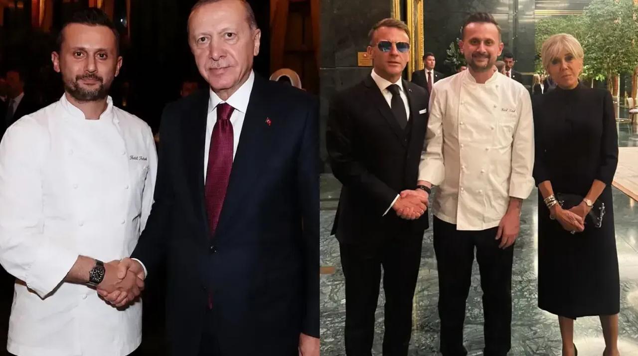 Michelin-starred Turkish chef Fatih Tutak poses with President Recep Tayyip Erdogan, left, and French President Emmanuel Macron and his wife Brigitte Macron, right, after curating the official gala dinner menu for NATO leaders in Ankara. (Photo collage by Bolu Gundem)