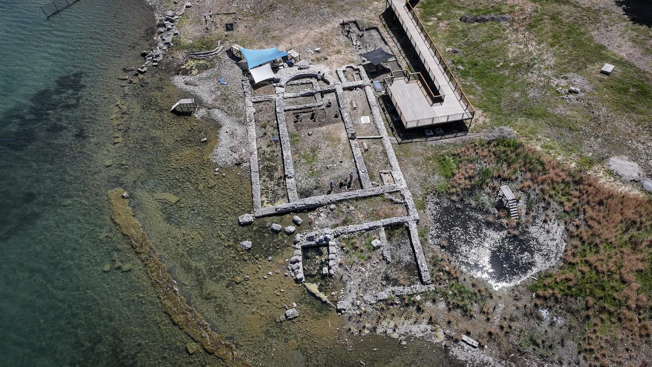 An aerial view shows the lakeside basilica site where archaeologists uncovered remains linked to the small church where the First Council was held in Iznik, Bursa, Türkiye, July 10, 2026. (AA Photo)