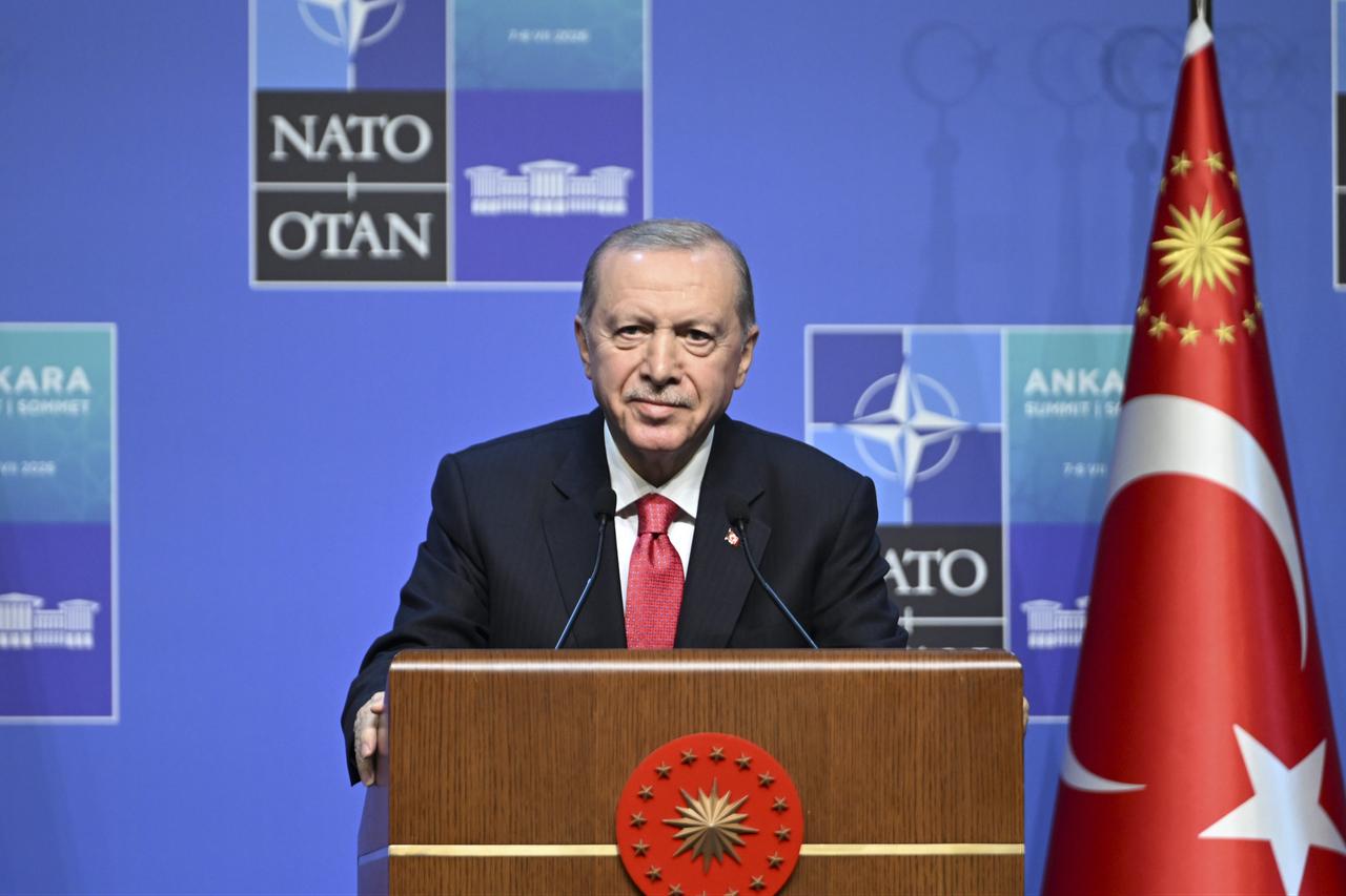 Turkish President Recep Tayyip Erdogan holds a press conference as part of the 36th NATO Summit of Heads of State and Government at the Presidential Complex in Ankara, Türkiye, July 8, 2026. (AA Photo)