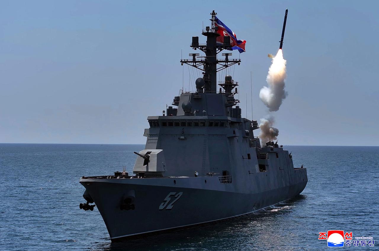This picture taken on July 3, 2026 and released by North Korea's official Korean Central News Agency (KCNA) via KNS on July 5, 2026 shows the performance tests of the main weapons systems of the destroyer Kang Kon at an undisclosed location in North Korea. (Photo by KCNA via KNS/AFP)