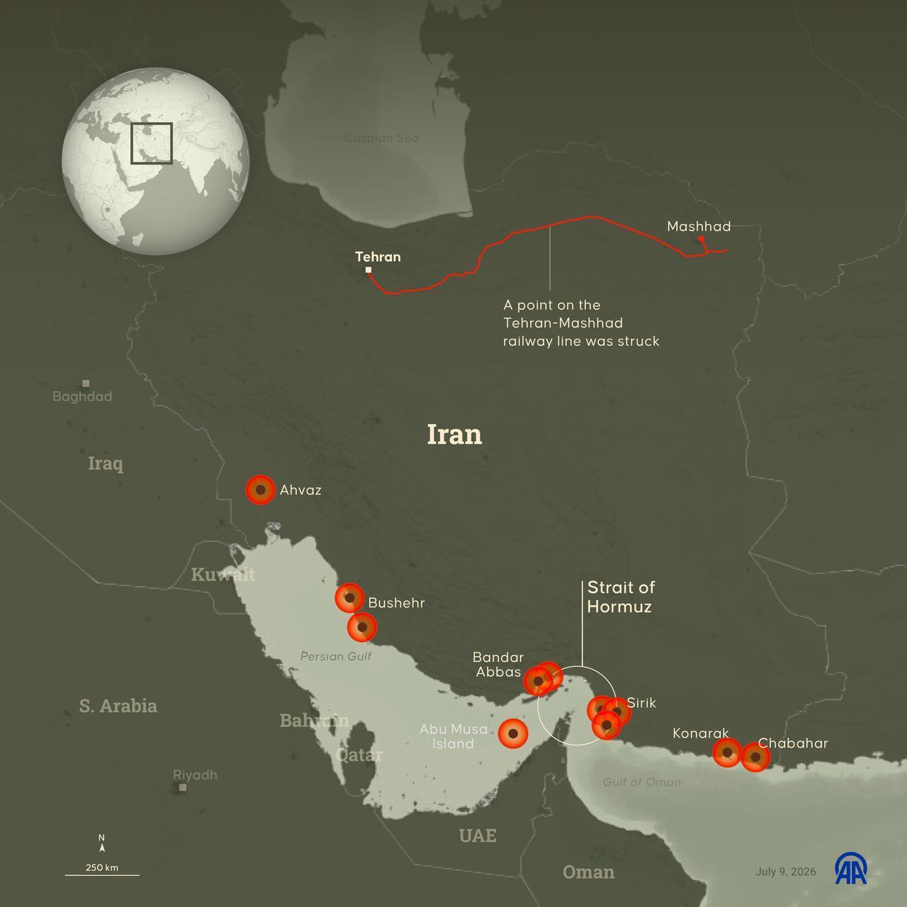An infographic showing "Targeted areas in Iran" was created in Ankara, Türkiye, on July 9, 2026. (AA Photo)